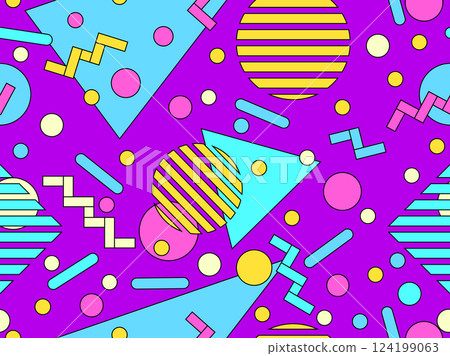 Seamless pattern with colorful geometric shapes with a black outline. Geometric pattern with Memphis elements in 80s style. Design of wallpaper, wrapping paper, and printing. Vector illustration 124199063