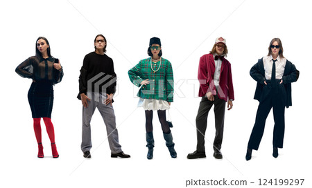 Set of five confident men and women wearing stylish, comfortable and elegant clothes, mixing with accessories against white background Set of five confident men and women wearing stylish, comfortable and elegant clothes, mixing with accessories against white background 124199297