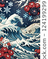 Japanese style wave and floral wallpaper 124199299