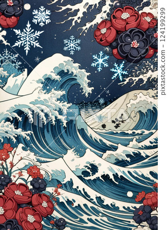 Japanese style wave and floral wallpaper 124199299