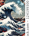 Kimono pattern, Japanese style pattern, waves, flowers and ice flowers 124199300