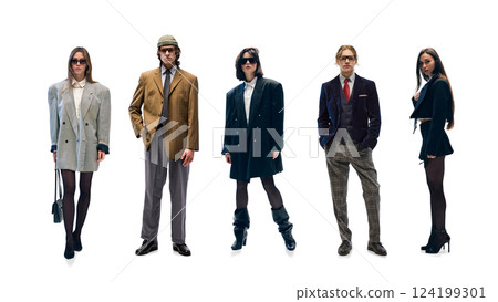 Set of five people dressed in stylish, trendy clothes,related to business style isolated on white background 124199301