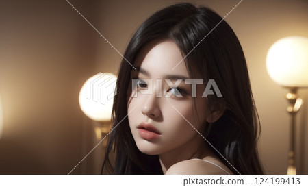 身穿白色洋裝、黑髮的年輕亞洲女性 124199413