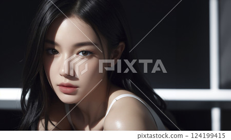 身穿白色洋裝、黑髮的年輕亞洲女性 124199415