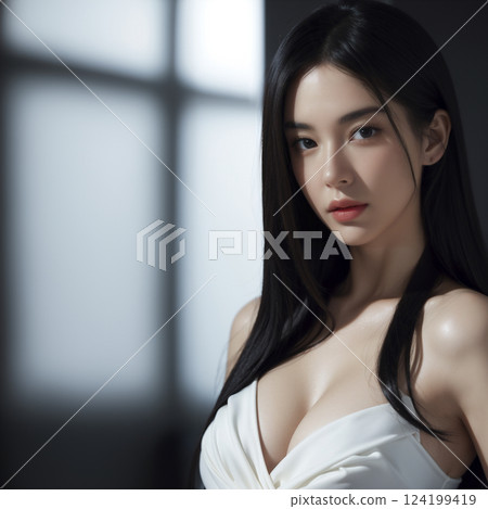 Young Asian woman with long black hair in a white dress 124199419