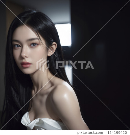 身穿白色洋裝、黑髮的年輕亞洲女性 124199420