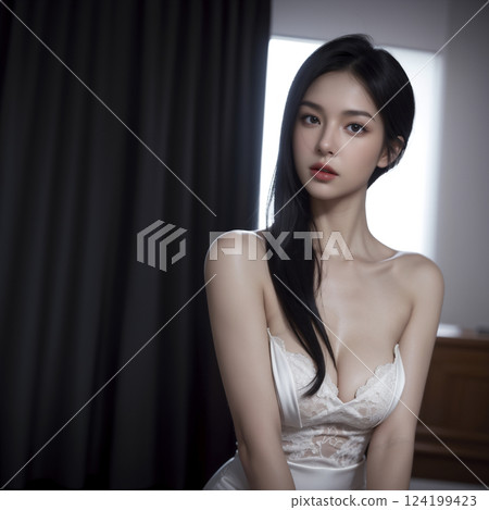 身穿白色洋裝、黑髮的年輕亞洲女性 124199423