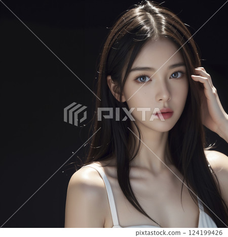 身穿白色洋裝、黑髮的年輕亞洲女性 124199426