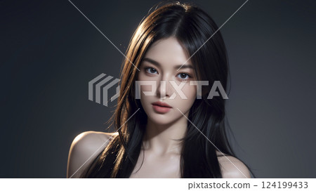 身穿白色洋裝、黑髮的年輕亞洲女性 124199433