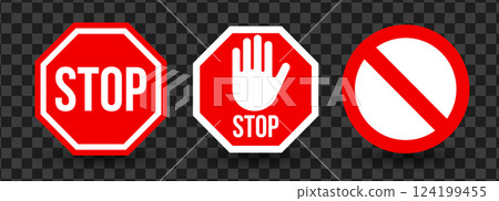 Stop sign icon and prohibition sign. Standard stop text, stop sign hand gesture, no entry icon. Emblem for road safety, warning signal, restriction notice. Highly visible design. Vector illustration Stop sign icon and prohibition sign. Standard stop text, stop sign hand gesture, no entry icon. Emblem for road safety, warning signal, restriction notice. Highly visible design. Vector illustration 124199455
