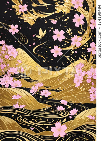 Gorgeous Japanese pattern of cherry blossoms and gold mine Gorgeous Japanese pattern of cherry blossoms and gold mine 124199494