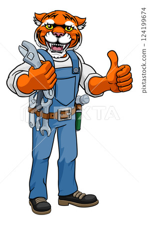Tiger Plumber Or Mechanic Holding Spanner 124199674