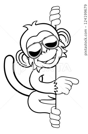Monkey Sunglasses Cartoon Animal Pointing At Sign 124199679