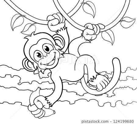 Monkey Singing On Jungle Vines With Banana Cartoon 124199680