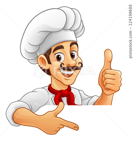 Chef Baker Cook Cartoon Man Thumb Up Pointing Sign 124199688