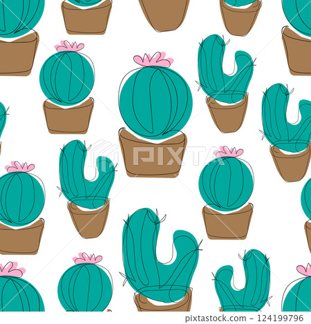 Seamless pattern lineart cacti round with flower and double-trunk in pots Seamless pattern lineart cacti round with flower and double-trunk in pots 124199796