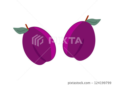 Ripe fruits plums with leaves 124199799