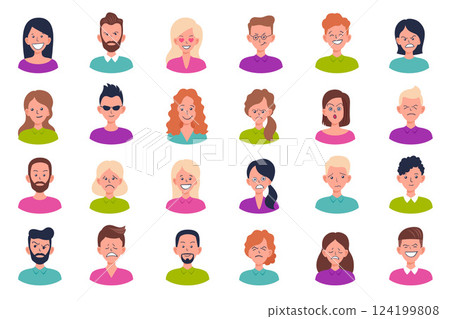 Set of portraits and avatars of man and woman.Facial expression. 124199808