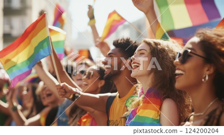 Joyful LGBTQ pride parade with diverse people waving rainbow flags, celebrating equality, diversity, inclusivity, and freedom in a colorful community event 124200204
