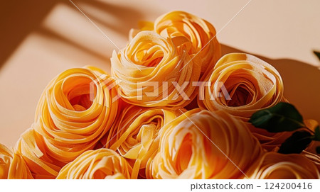 Close-up of fresh tagliatelle pasta nests, showcasing vibrant yellow color, raw texture, and rustic Italian culinary preparation on a neutral background 124200416