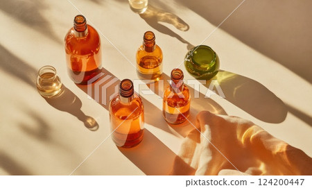 Minimalist arrangement of amber glass bottles casting long shadows, featuring natural oils and eco-friendly skincare packaging in warm sunlight 124200447