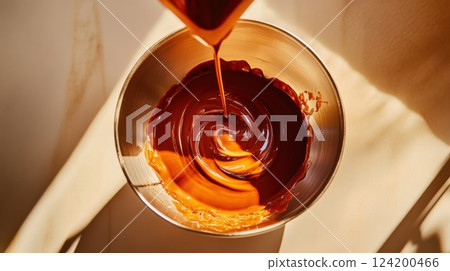 Swirling rich melted chocolate poured into a stainless steel bowl, highlighting glossy texture, deep brown color, and smooth, decadent confectionery quality 124200466
