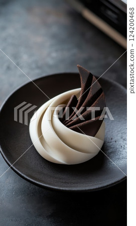 Minimalist chocolate and vanilla spiral dessert on black plate. Elegant gourmet presentation with contemporary design, smooth curves and artistic plating 124200468