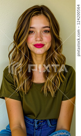 A woman with long wavy hair wearing a green shirt and blue jeans 124200564