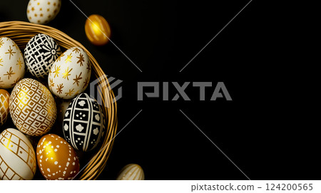 A basket full of decorated easter eggs on a black background 124200565