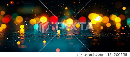 A blurry image of a city at night with lights reflecting in the water 124200566