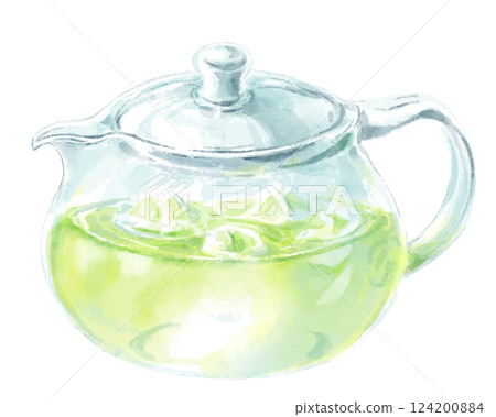 玻璃茶壺中冷綠茶的水彩插圖 124200884