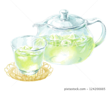玻璃容器中清爽綠茶（冷茶）的水彩插圖 124200885