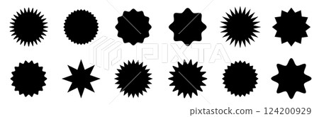 鋸齒形波浪框架的向量插圖集。具有鋸齒狀邊緣的星爆形狀。 鋸齒形波浪框架的向量插圖集。具有鋸齒狀邊緣的星爆形狀。 124200929