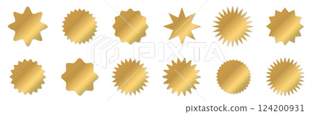 Vector illustration set of gold glitter zigzag wave frames. Gold medal stickers. Jagged border Vector illustration set of gold glitter zigzag wave frames. Gold medal stickers. Jagged border 124200931