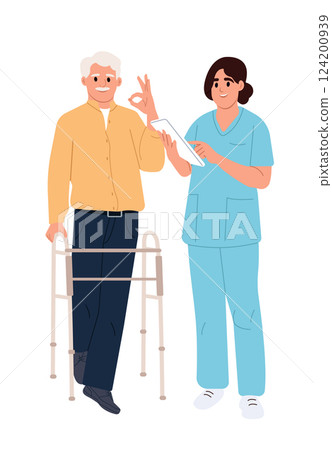 Senior patient with walker and nurse during medical checkup. Medical consultation and patient support. Doctor is talking to an elderly patient. Illustrations in cartoon style. Senior patient with walker and nurse during medical checkup. Medical consultation and patient support. Doctor is talking to an elderly patient. Illustrations in cartoon style. 124200939