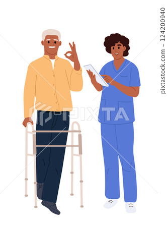 Senior patient with walker and nurse during medical checkup. Medical consultation and patient support. Doctor is talking to an elderly patient. Illustrations in cartoon style. Senior patient with walker and nurse during medical checkup. Medical consultation and patient support. Doctor is talking to an elderly patient. Illustrations in cartoon style. 124200940