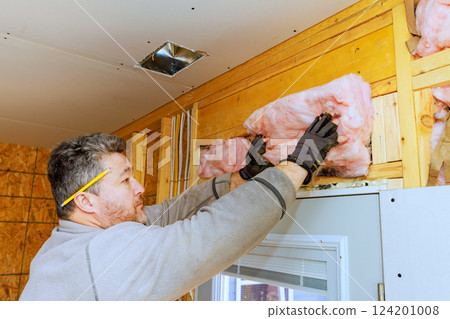 Contractor adds energy efficiency insulation to home walls during renovation for energy efficiency comfort. 124201008
