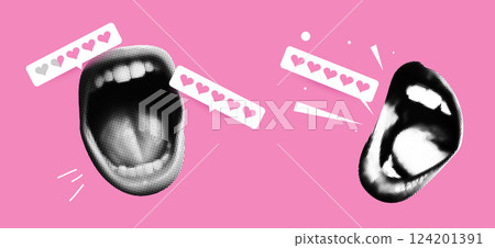 Collage of mouth with feedback and review bar, halftone texture, and pink retro background. Rating, like, and comment icons design for a music concert or social media post 124201391