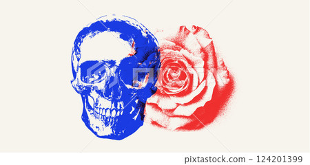 Vintage skull and rose vector print with grunge spray effect. Gothic art design featuring a human skull, floral elements, and halftone graffiti style 124201399