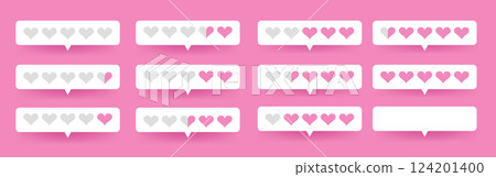 Pink heart icon with rating bar and level scale, featuring a slide for social reactions and customer satisfaction. Half poll rating for survey and product feedback 124201400