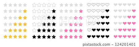 Vector set of rating and vote icons with stars and hearts. Quality review symbols for evaluation and ranking. Flat design elements for UI, app interface, and web classification 124201401