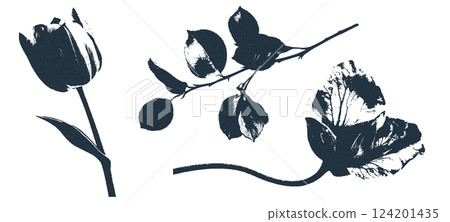 Grunge overprint flower stamp set with ink effect. Hand-drawn abstract floral and botanical elements in black and white Grunge overprint flower stamp set with ink effect. Hand-drawn abstract floral and botanical elements in black and white 124201435