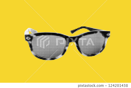 This artistic composition features a halftone representation of fashionable sunglasses set against a radiant yellow backdrop. The playful design brings out a sense of modern flair perfect for summer. This artistic composition features a halftone representation of fashionable sunglasses set against a radiant yellow backdrop. The playful design brings out a sense of modern flair perfect for summer. 124201438