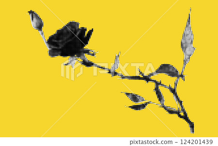 A striking collage featuring a halftone representation of a rose stem, accentuated against a bold yellow backdrop. A striking collage featuring a halftone representation of a rose stem, accentuated against a bold yellow backdrop. 124201439