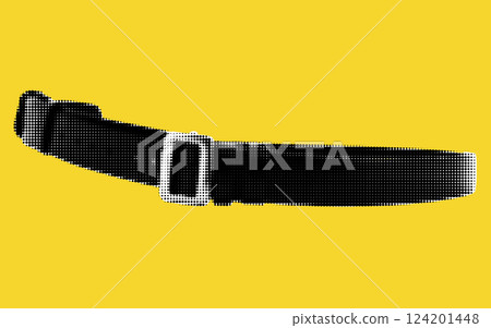 A striking belt crafted in halftone style rests on a bright yellow surface, merging fashion and art. The playful design invites admiration and stimulates creativity in everyday accessories. A striking belt crafted in halftone style rests on a bright yellow surface, merging fashion and art. The playful design invites admiration and stimulates creativity in everyday accessories. 124201448