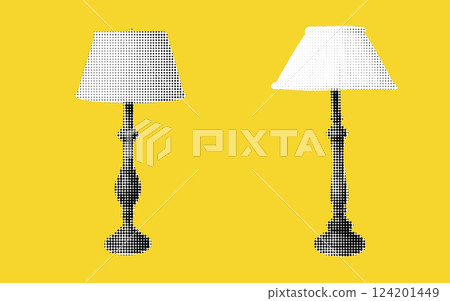 This artwork presents two ornate lamps crafted in halftone, set against a striking yellow backdrop. 124201449