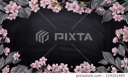 黑板上用粉筆畫的櫻花框 124201465