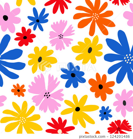 Retro seamless pattern with cute naive flowers 124201486