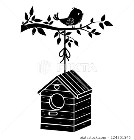 bird on a branch, stencil, isolated illustration on a white background 124201545