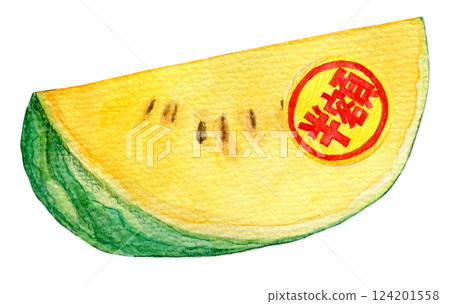 水彩插圖：貼有半價標籤的黃色西瓜 124201558